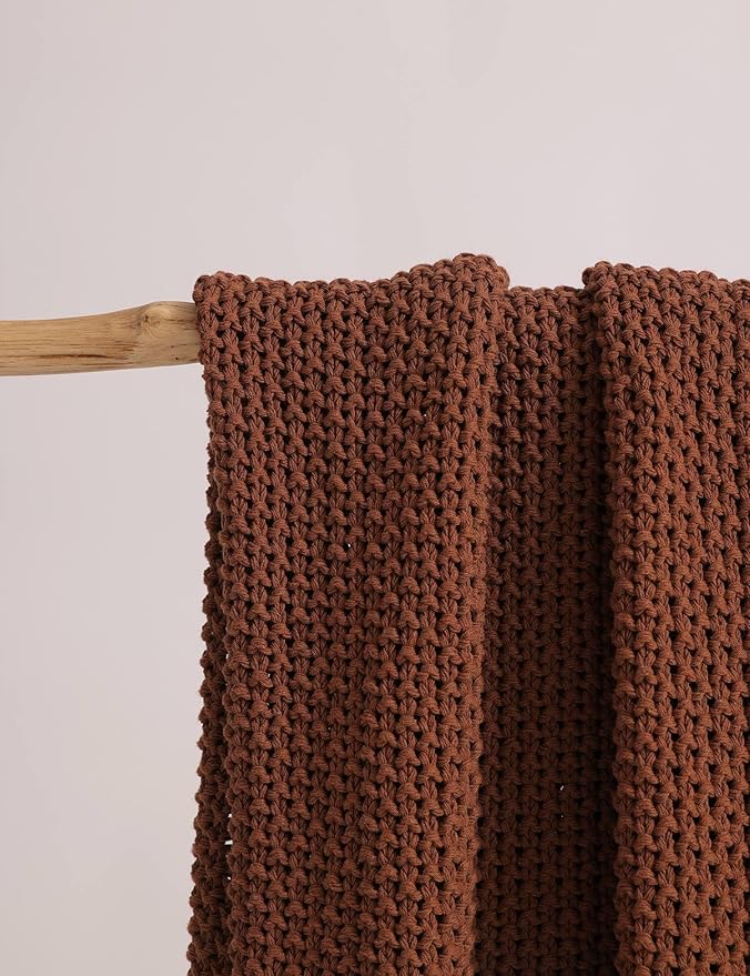 Chunky Cotton Knit Throw Blanket, Light Weight Cable Knit Throws for Bed Couch Sofa, Comfy & Relaxing, Decorative Piece for Farmhouse Rustic Scandinavian Chic Vibe, Toffee Brown 60x80 Inches