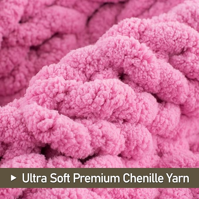Chunky Knit Throw Blanket 60"X 80", 100% Handmade with Soft Chenille Yarn, 4.4lbs Thick Cable Knitted Blankets, Large Rope Knot Crochet Throws for Couch Sofa Bed Home Decor, Hot Pink