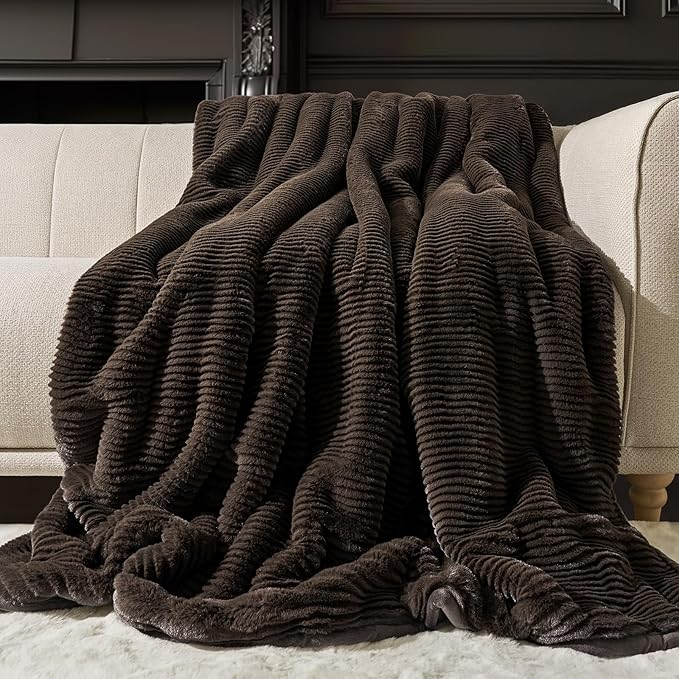 Ultra Soft Faux Fur Throw Blanket for Couch, Luxury Sculpted Texture Faux Rabbit Fur Blanket for Bed, Fluffy Thick Plush Warm Fuzzy Throw, 920GSM (Dark Brown, 50''x60'')