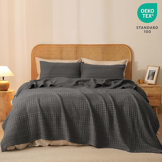 PHF 100% Cotton Waffle Weave Blanket King Size, Soft Lightweight Breathable Cozy Summer Blankets for Bed, Luxury Aesthetic Woven Bedding for Home Decor, 108"x90", Charcoal Grey