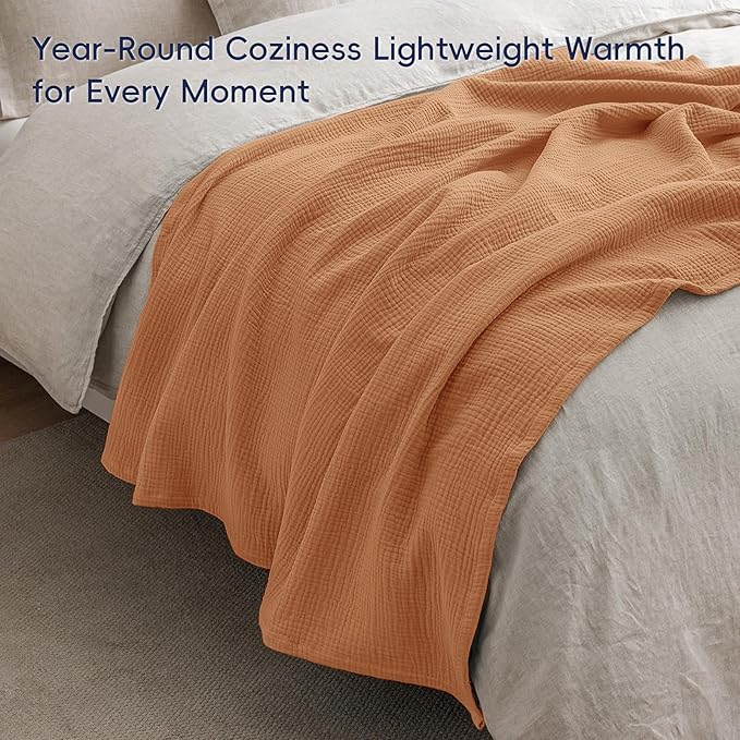 PHF 100% Cotton Muslin Throw Blanket 50" x 60", 4-Layer Lightweight and Breathable Blanket for Summer, Luxuriously Soft Gauze Throws for Couch, Natural Minimalism Style, Ideal Gift, Caramel