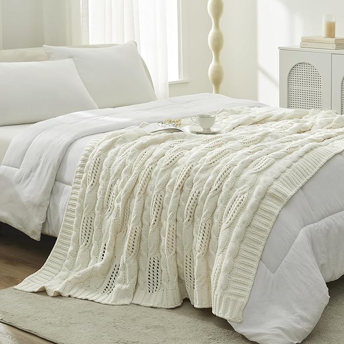 Amélie Home Chunky Knit Chenille Throw Blanket, Breathable Cable Knitted Blanket for Couch, Farmhouse Decorative Throw for Sofa Chair Bed, 60"x80", Ivory