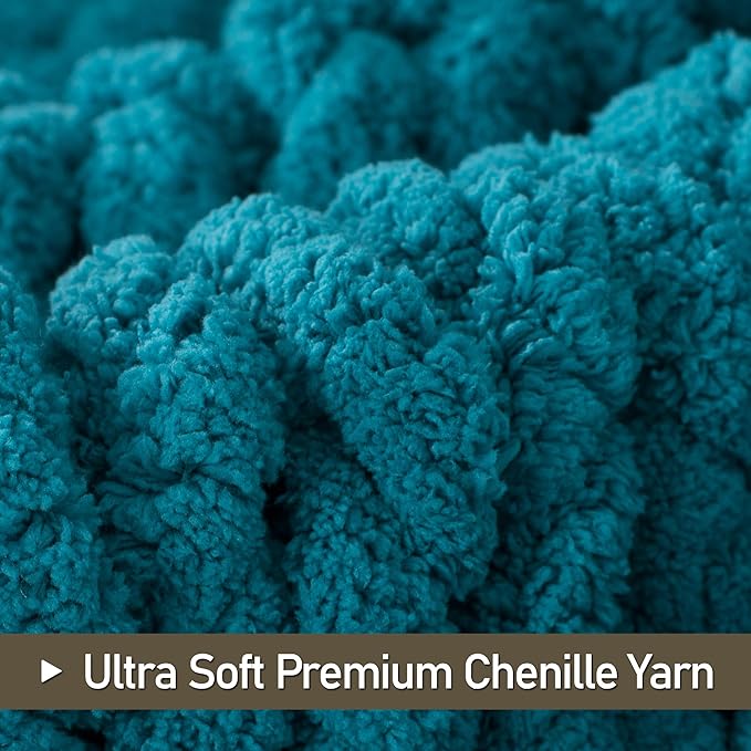 Chunky Knit Throw Blanket 50"X 60", 100% Handmade with Soft Chenille Yarn, 4.4lbs Thick Cable Knitted Blankets, Large Rope Knot Crochet Throws for Couch Sofa Bed Home Decor, Teal