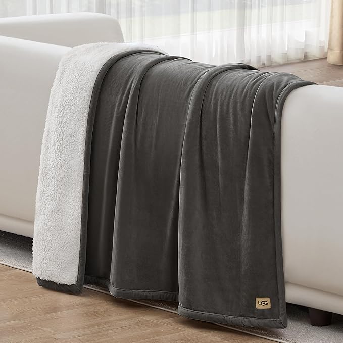 UGG Bliss Throw Blanket Plush Soft Fleece Fluffy Blankets for Bed or Couch Oversized Warm Reversible Machine Washable Medium Weight Home Decor Giftable Throw, 50-inch x 70-inch, Charcoal Grey
