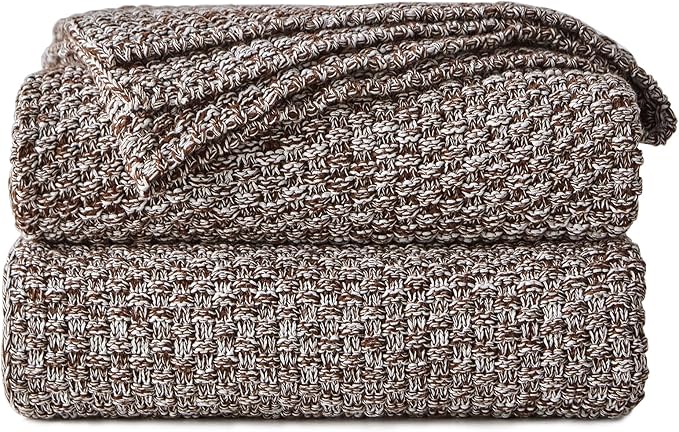 Longhui bedding Coffee Knitted Throw Blanket for Couch, Soft, Cozy Machine Washable 100% Cotton Sofa Knit Blankets, Heavy 4.0lb Weight, 60 x 80 Inches, Coffee and White Color.