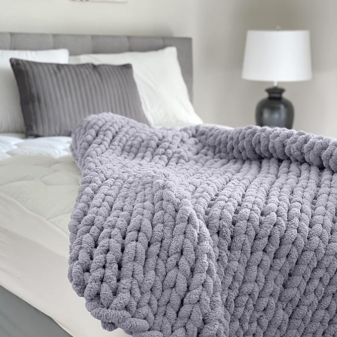 Adyrescia Chunky Knit Blanket Throw | 100% Hand Knit with Jumbo Chenille Yarn (60"x80", Lilac Gray)
