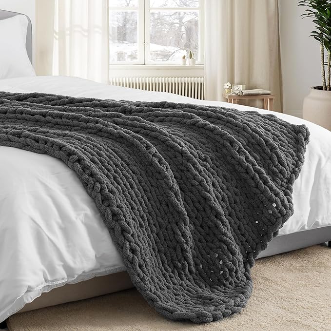 Chunky Knit Throw Blanket 60"X 80", 100% Handmade with Soft Chenille Yarn, 6.7lbs Thick Cable Knitted Blankets, Large Rope Knot Crochet Throws for Couch Sofa Bed Home Decor, Dark Grey