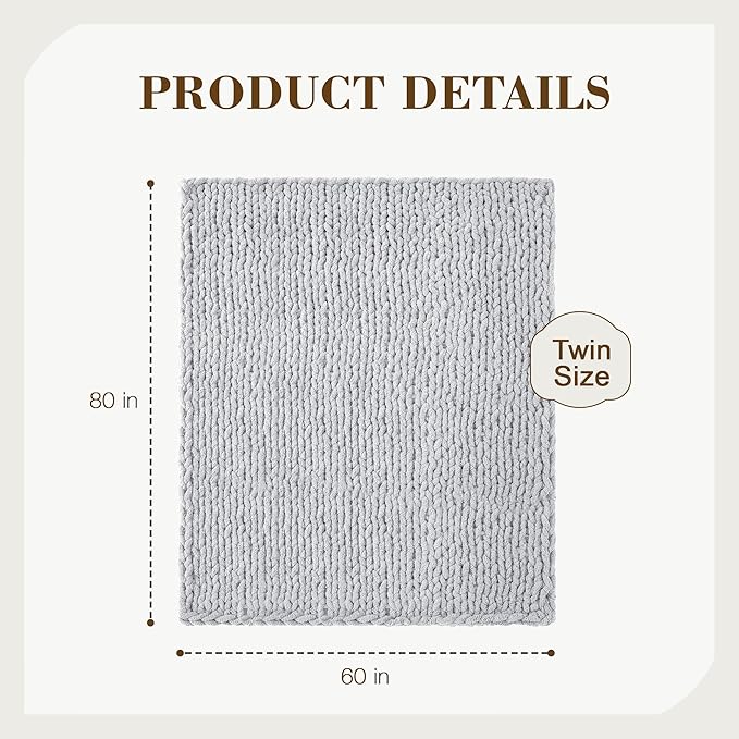 Carriediosa Chunky Knit Throw Blanket 60" X 80" Twin, 100% Hand Made Large Chenille Loop Yarn Soft Fluffy Throws for Couch Sofa Bed, Big Crochet Cozy Heavy Thick Cable Woven Blankets, Light Grey