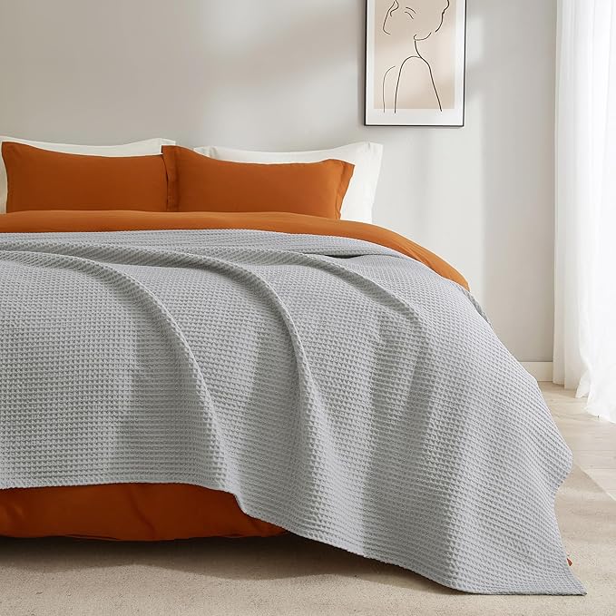 PHF Pre-Washed Cotton Waffle Weave Blanket King Size for Bed,Snag Proof Throw Blanket for Couch Spring Summer Lightweight Breathable,Oeko-TEX Certified,Machine Washable,Home Decor Gift,Light Grey