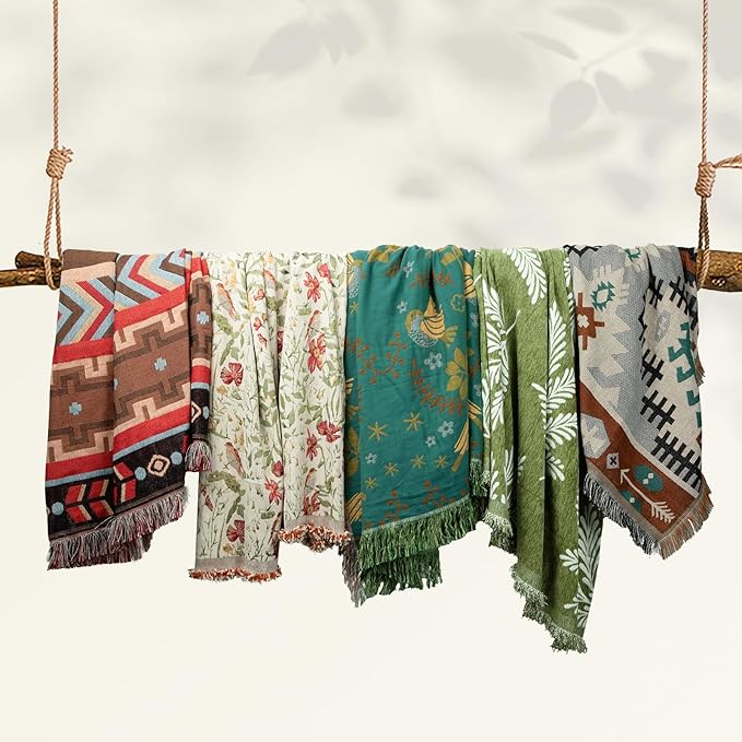 MACEVIA 100% Cotton Boho Throw Blanket, Soft Lightweight Butterfly Floral Design, 80"x90" Large Bedspread for Queen Bed, Couch Sofa, Cottagecore Decor(Butterfly Floral)