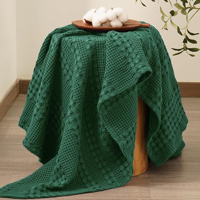 PHF 100% Cotton Waffle Weave Throw Blanket, Soft Lightweight Breathable Cozy Summer Throws for Couch Bed Sofa, Luxury Aesthetic Woven Blanket for Home Decor & Office, 50"x60", Dark Green