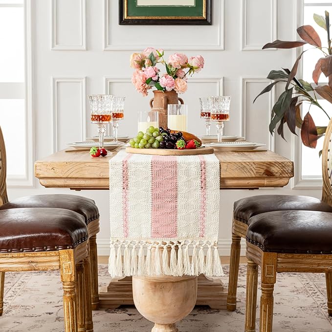 Fancy Homi Pink Table Runner 48 Inches Long Boho Macrame Table Runner for Home Decor, Farmhouse Table Runners with Tassels for Party Bohemian Rustic Bridal Shower Dining Decor 12x48 Inches
