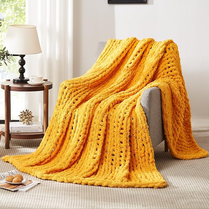 L'AGRATY Chunky Knit Blanket Throw: 72''x84'' Chenille Chunky Knitted Throw Blanket for Bed Couch - Handmade Thick Big Cable Knit Blanket - Large Chunky Crochet Rope Blanket for Home Decor(Yellow)