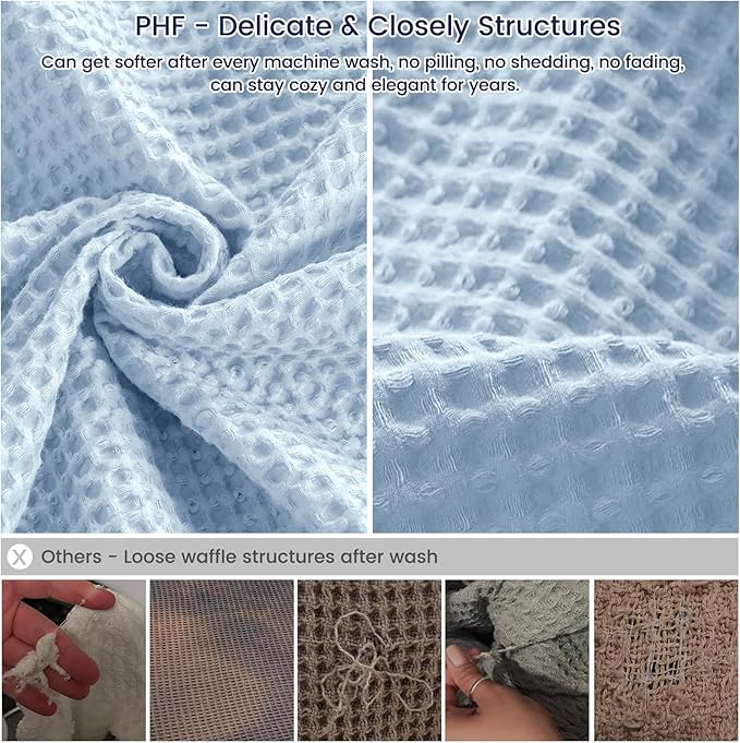 PHF Pre-Washed Cotton Waffle Weave Blanket Throw Size for Couch Bed,Snag Proof Spring Summer Lightweight Breathable,Oeko-TEX Certified,Machine Washable, Home Decor Gift,Sky Blue/Baby Blue