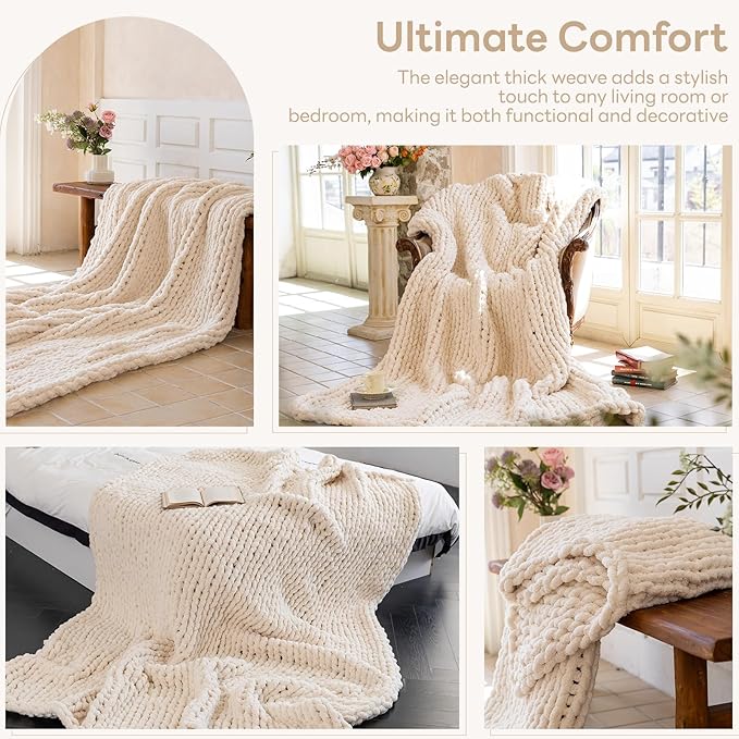 Chunky Knit Blanket - Luxury Soft Cozy King Size(60 * 80) Throw Blanket,100% Woven Blanket Rope Knot Throw Blanket for Couch, Sofa, Home Decor, Gift - Machine Washable(Cream)
