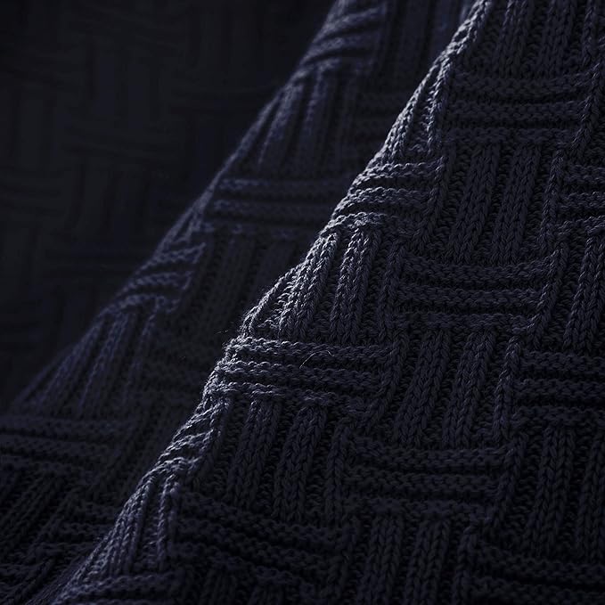 Longhui bedding Cotton Navy Cable Knit Throw Blanket for Couch Chairs Bed Beach, Home Decorative Grey Knitted Blanket, 50 x 60 Inch with a Washing Bag,Silk Bow Tie Package