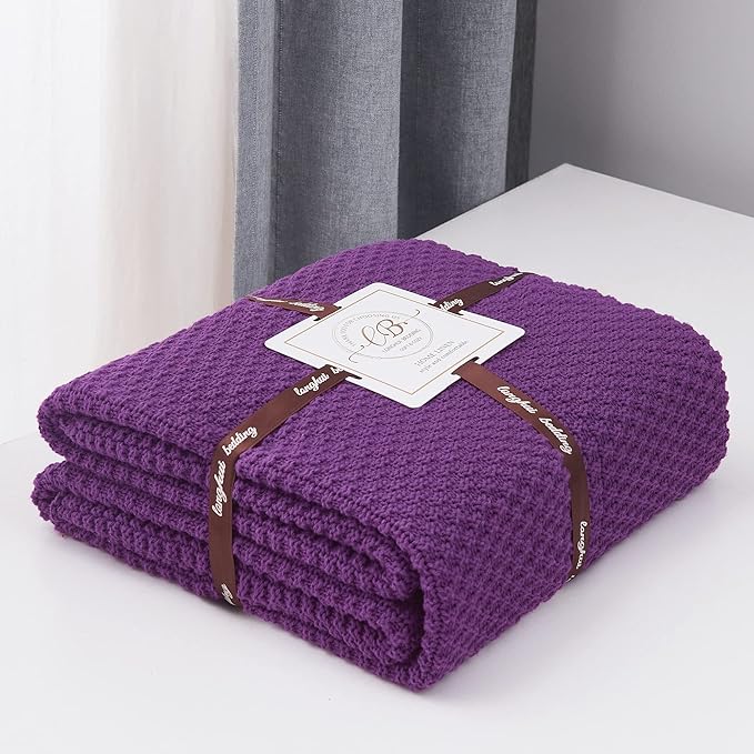Longhui bedding Purple Knitted Throw Blanket for Couch, Soft, Cozy Machine Washable 100% Cotton Sofa Knit Blankets, Heavy 3.0lb Weight, 51 x 63 Inches, Purple Color.