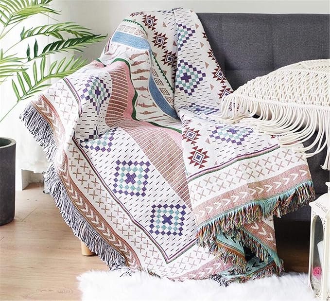 Luxlovery Bohemian Sofa Throw Blankets Ethnic Woven Boho Hippie Tribal Throw Blanket for Couch Aztec Bed Throws Oversized Navy Beige and Blue Fringe Farmhouse Chair Sofa Cover with Tassels(63"x86")