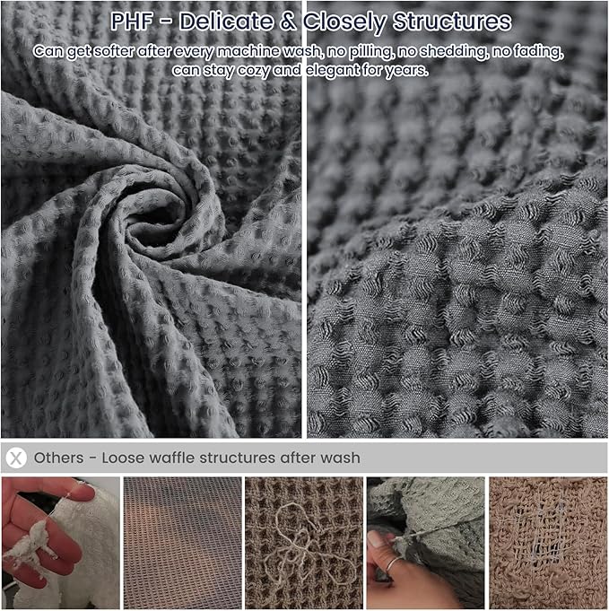 PHF Pre-Washed Cotton Waffle Weave Blanket Queen Size for Bed,Snag Proof Throw Blanket for Couch Spring Summer Lightweight Breathable,Oeko-TEX Certified,Machine Washable, Home Decor Gift,Charcoal