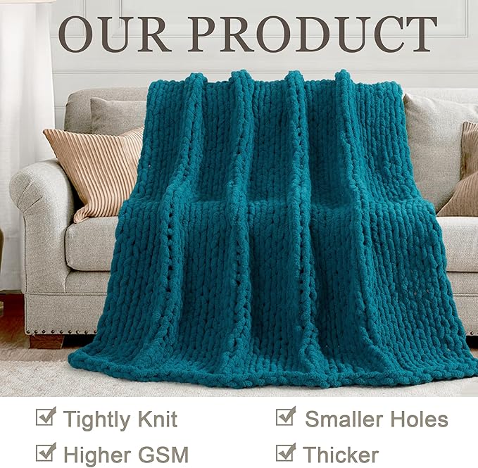 Chunky Knit Throw Blanket 50"X 60", 100% Handmade with Soft Chenille Yarn, 4.4lbs Thick Cable Knitted Blankets, Large Rope Knot Crochet Throws for Couch Sofa Bed Home Decor, Teal