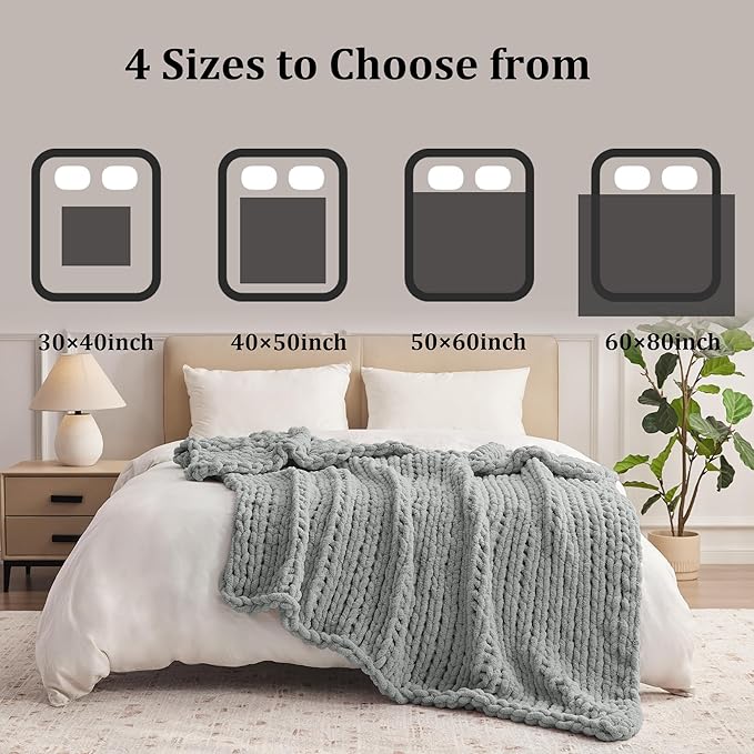 Light Grey Throw Blanket, 30" x 40" Chunky Knit Blanket, Handmade Warm & Soft Chenille Throw Blanket, Washable Decorative Knit Blanket with Jumbo Chenille Yarn for Couch Bed Sofa