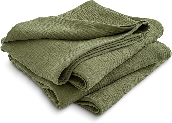 PHF 100% Cotton Muslin Throw Blanket 50" x 60", 4-Layer Lightweight and Breathable Blanket for Summer, Luxuriously Soft Gauze Throws for Couch, Natural Minimalism Style, Ideal Gift, Olive Green