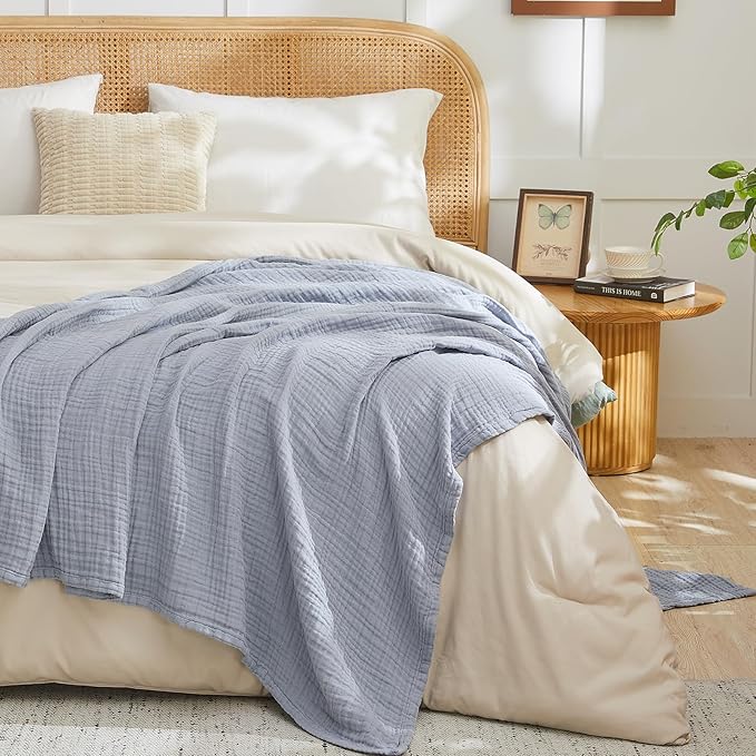 EMME Cotton Muslin Twin XL Blanket Breathable Gauze Blanket Soft Lightweight Blankets Adults Gifts for Women (Dusty Blue, 60"x80")