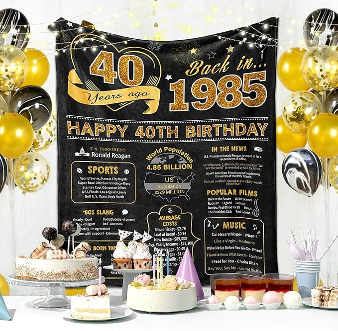40th Birthday Gifts Women Men, 40 Year Old Birthday Gifts for Women Men, 40th Bday Gift Ideas Throw Blanket 60 x 50 Inch, 1985 Bday Gift for Woman Man, 40 Yr Old/Forty Presents for Female Male