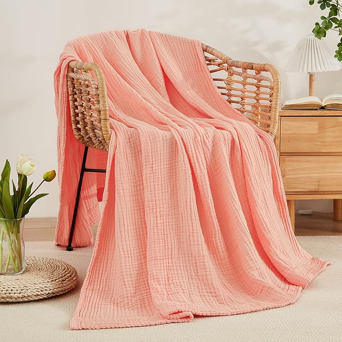 EMME Cotton Throw Blanket for Couch Soft Muslin Blankets 50"x60" Lightweight Breathable Blanket All Season Gauze Blanket, Pink