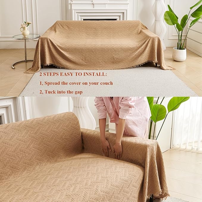 AIVIA Couch Cover Sheet Blanket, Slipcover for 3-4 Cushion High Backed Backrest Sofa, Extra Large Furniture Decor L Shape U-Shaped Sectional Protector for Cats Dogs Pets (Khaki, 91” x 134”)