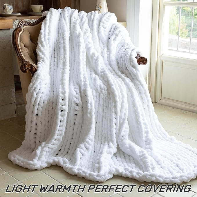 Chunky Knit Blanket - Luxury Soft Cozy Queen Size(50 * 60) Throw Blanket,100% Woven Blanket Rope Knot Throw Blanket for Couch, Sofa, Home Decor, Gift - Machine Washable(White)