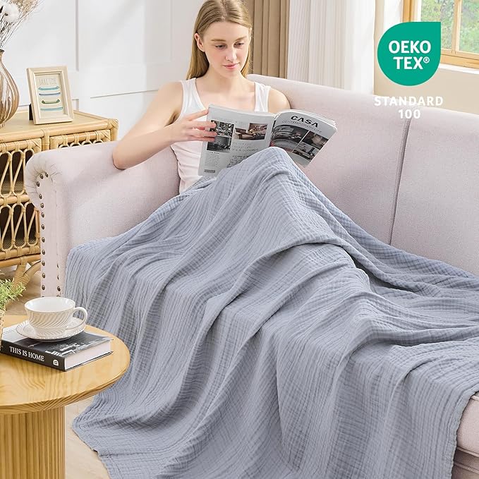 EMME Cotton Muslin Twin XL Blanket Breathable Gauze Blanket Soft Lightweight Blankets Adults Gifts for Women (Dusty Blue, 60"x80")
