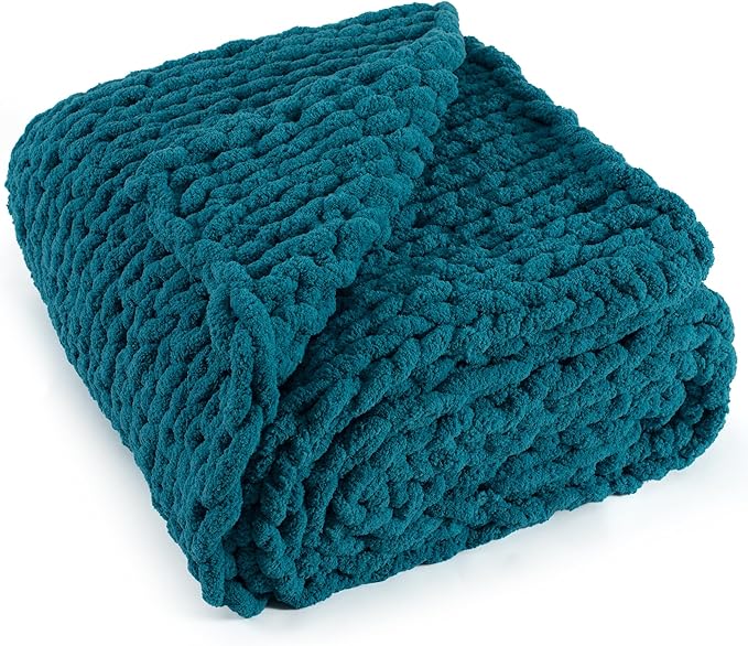 Chunky Knit Throw Blanket 50"X 60", 100% Handmade with Soft Chenille Yarn, 4.4lbs Thick Cable Knitted Blankets, Large Rope Knot Crochet Throws for Couch Sofa Bed Home Decor, Teal