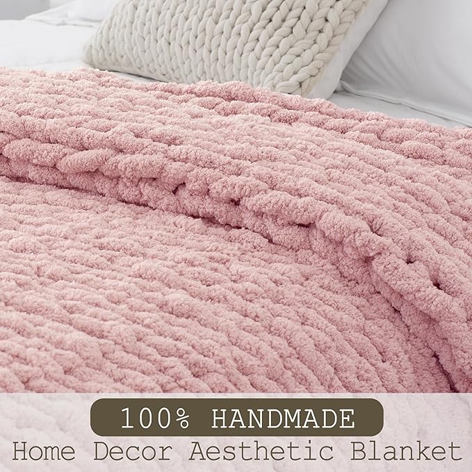 Chunky Knit Throw Blanket 50"X 60", 100% Handmade with Soft Chenille Yarn, 4.4lbs Thick Cable Knitted Blankets, Large Rope Knot Crochet Throws for Couch Sofa Bed Home Decor, Dusty Pink