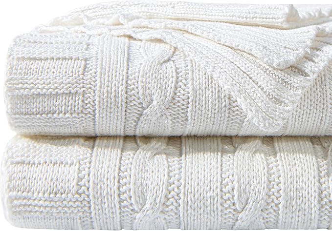 NTBAY 100% Pure Cotton Cable Knit Throw Blanket, Super Soft Warm 51x67 Knitted Throw Blanket for Couch, Sofa, Chair, Bed - Extra Cozy, Machine Washable, Comfortable Home Decor, White