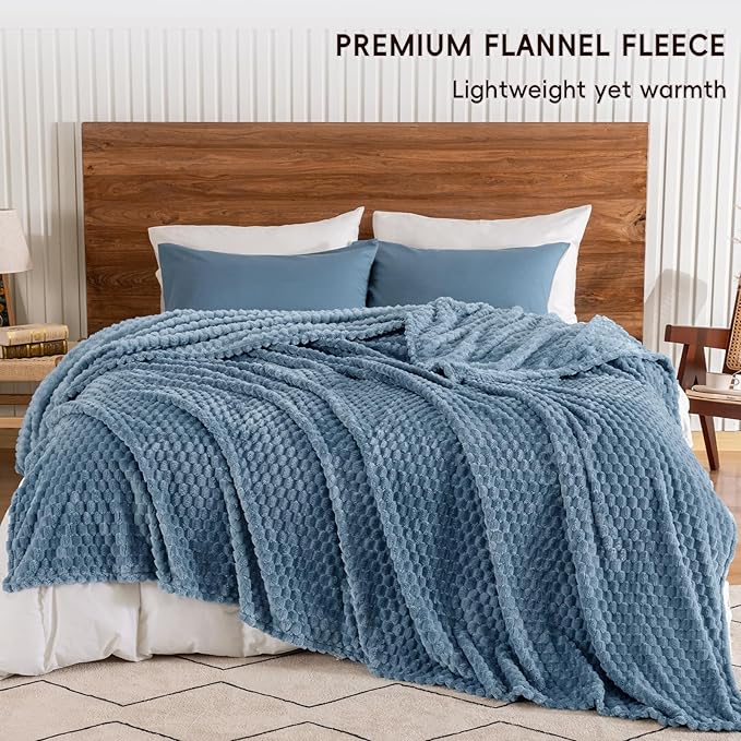 PHF Ultra Soft Flannel Fleece Blanket King Size, Lightweight 3D Jacquard Fleece Blanket, No Shedding, No Pilling, Luxury 340GSM Aesthetic Fluffy Cozy for Bed Room Decor, 108"x90", Captain's Blue