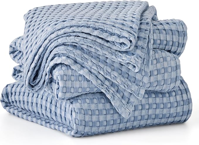 Bedsure Cooling Cotton Waffle Oversized King Blanket - Lightweight Breathable Rayon Derived from Bamboo for Hot Sleepers, Luxury Throws for Bed and Sofa, Sky Blue, 120x96 Inches