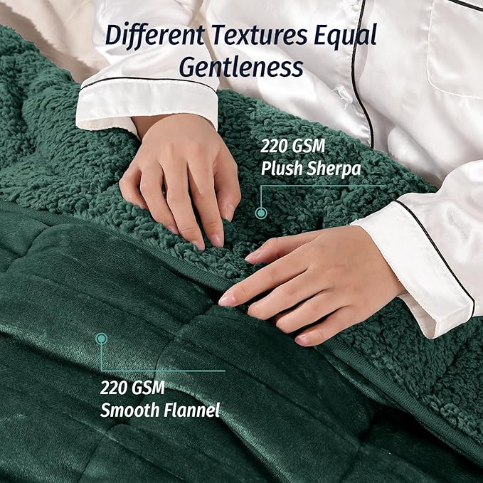 Wemore Sherpa Fleece Weighted Blanket for Adult, 20 lbs Dual Sided Cozy Fluffy Heavy Blanket, Ultra Fuzzy Throw Blanket with Soft Plush Flannel Top, 60 x 80 inches, Green on Both Sides