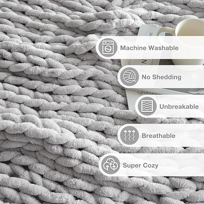 Soft Chunky Knit Blanket, 60X80In Handmade Thick Chenille Yarn Throw Without Shedding & Raveling, Aesthetic & Cozy Home Decor with Couch Sofa Bed, Gift Pack, Light Grey