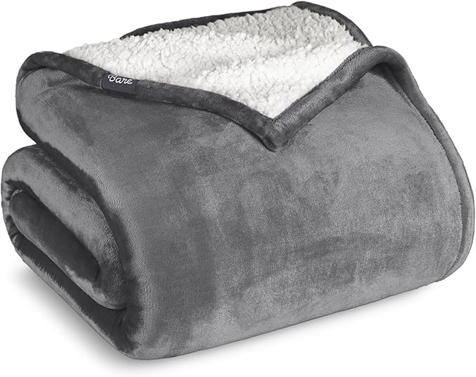 Bare Home Sherpa Fleece Blanket - King Size - Blanket for Bed, Sofa, and Couch - Warm & Lightweight - Fluffy & Soft - Reversible (King, Grey)