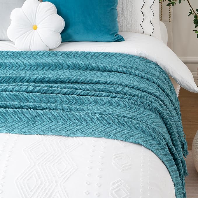 BATTILO HOME Teal Throw Blanket for Couch, Knit Woven Turquoise Blankets Versatile for Chair, Super Soft Warm Decorative Green Blanket with Tassels for Bed Sofa, 50"x60"