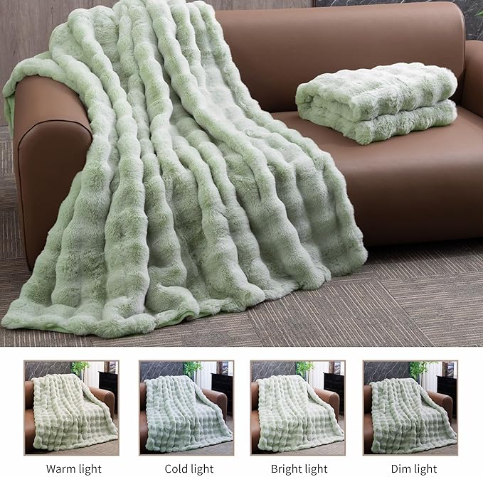 Sage Green Faux Fur Blanket for Couch Fluffy Fuzzy Plush Twin Bed Blankets for Adults Cute Ultra Soft Throw for Gift, 60 * 80 Inches 900GSM