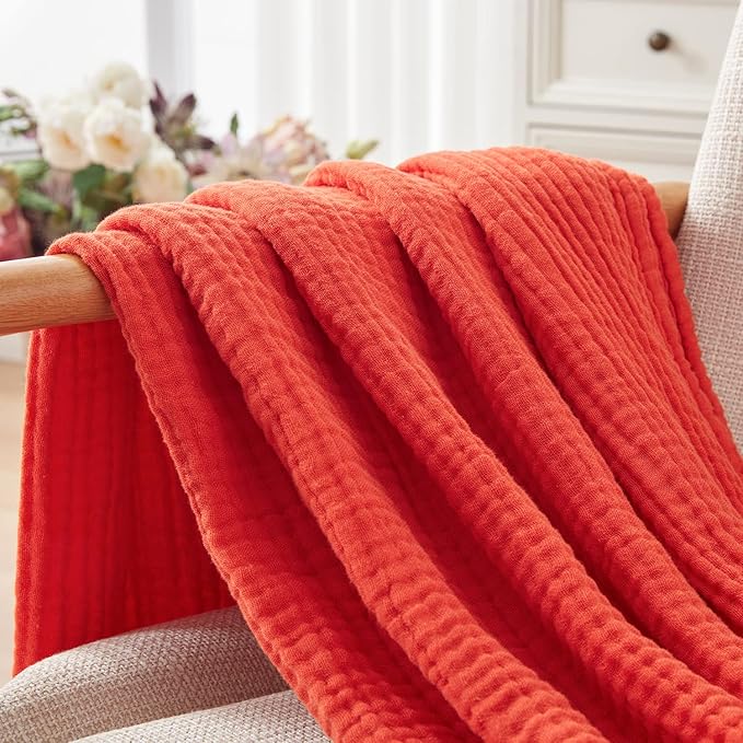 EMME Cotton Throw Blanket - 100% Muslin Soft, Breathable Gauze - All Season, Pre-Washed - Orange Rust, 55"x75"