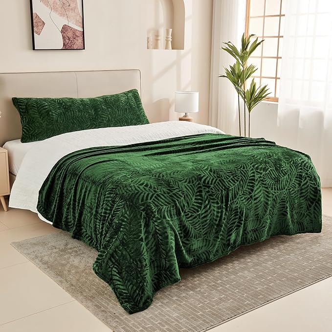 SOCHOW Super Soft Flannel Fleece Throw Blanket, Lightweight Cozy Warm Leaves Textured Plush Blanket for Bed Couch Sofa, 60 x 80 Inches, Olive Green