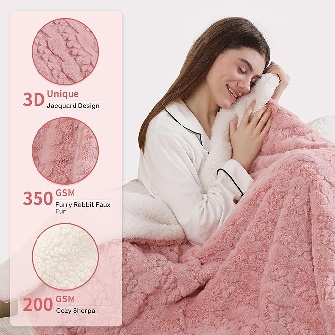 ESTINGO Electric Blanket Throw - 50x60 Rabbit Faux Fur Heating Blanket Throw 4 Hours Auto-Off 5 Heat Levels Overheat Protection Luxury Faux Fur Sherpa Heated Blanket ETL Certification, Candy Pink