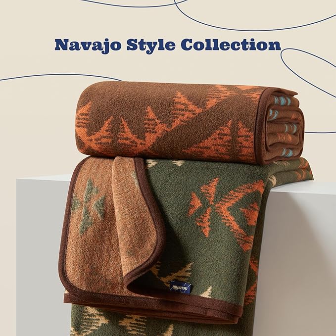 ACUSHLA Merino Wool Blanket - Soft Warm Thick Washable Large Throw Blanket for Camping Bed Couch Outdoor Travel All Weather, Navajo Style Green 79X63