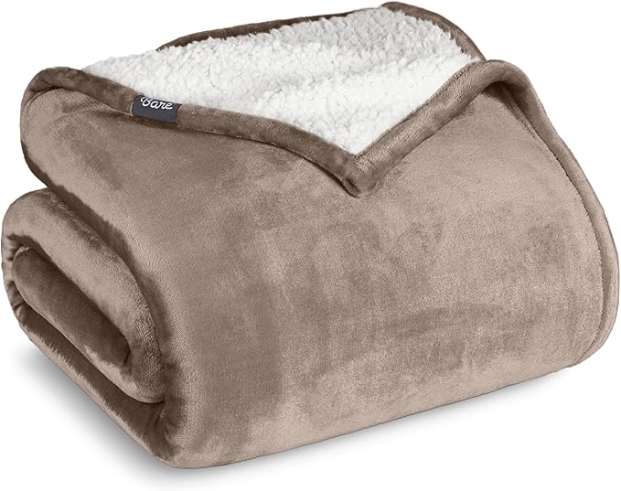 Bare Home Sherpa Fleece Blanket - King Size - Blanket for Bed, Sofa, and Couch - Warm & Lightweight - Fluffy & Soft - Reversible (King, Taupe)