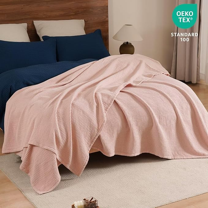 PHF 100% Cotton Waffle Muslin Blanket Queen Size, 90" x 90" Lightweight and Breathable Washed Cotton Blanket, Aesthetic Soft Muslin Waffle Bedding for Sofa Bed Home Decor, Rose Smoke