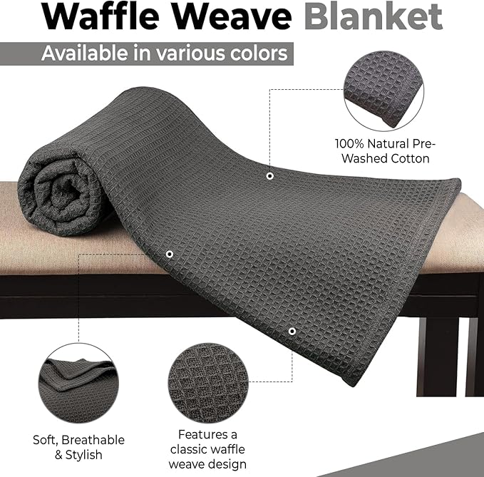 100% Cotton Blankets Queen Size for Bed - Waffle Weave Blankets for Summer, Lightweight and Breathable Soft Woven Blanket for Spring, (Dark Grey, Queen (90" x 90"))