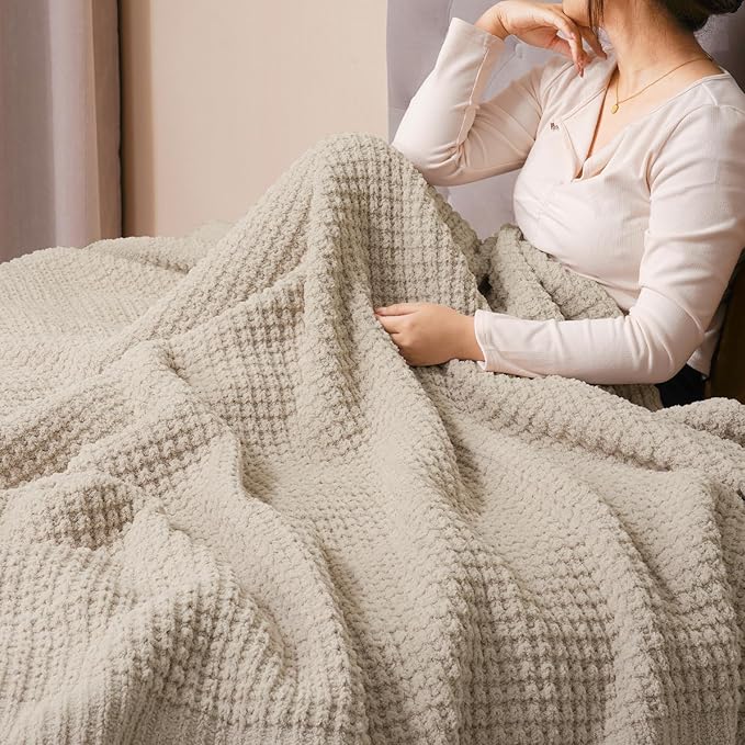 PHF Chenille Waffle Knit Throw Blanket- Plush Warm & Cozy 50" x 60" Ultra Soft Blanket- Chunky Fluffy Waffle Throws for Couch Bed Sofa - Natural